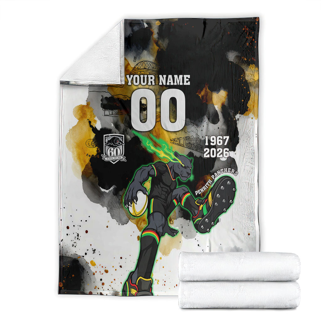 Personalised Penrith Panthers 1967-2026 Blanket Panther Mascot 60th Anniversary - Watercolor Splash Art