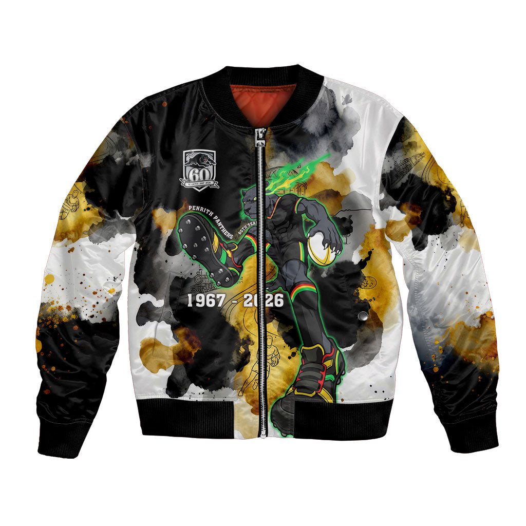 Personalised Penrith Panthers 1967-2026 Bomber Jacket Panther Mascot 60th Anniversary - Watercolor Splash Art