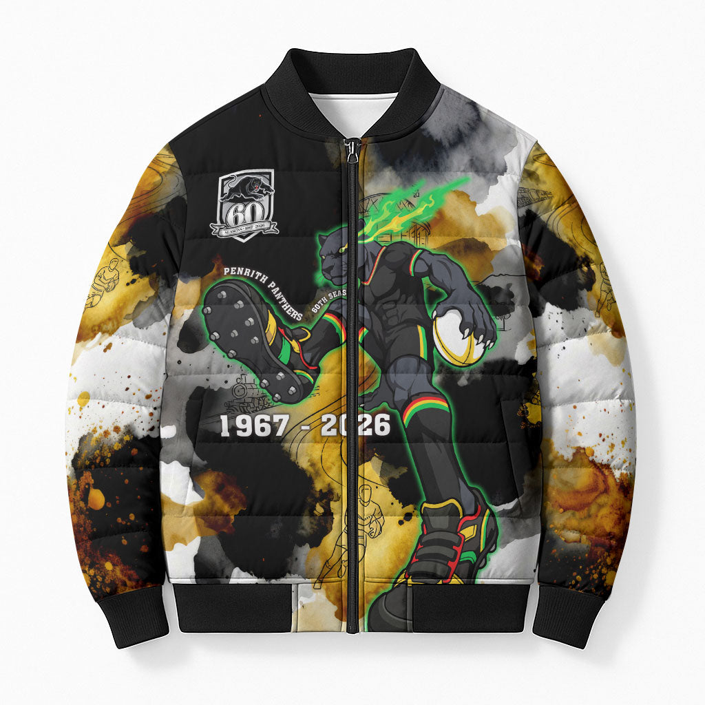 Personalised Penrith Panthers 1967-2026 Bomber Puffer Jacket Panther Mascot 60th Anniversary - Watercolor Splash Art