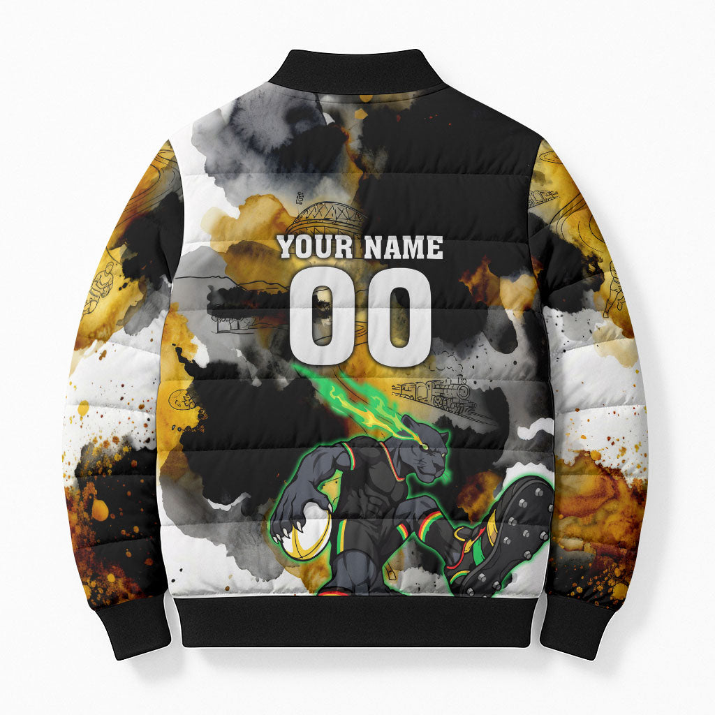 Personalised Penrith Panthers 1967-2026 Bomber Puffer Jacket Panther Mascot 60th Anniversary - Watercolor Splash Art