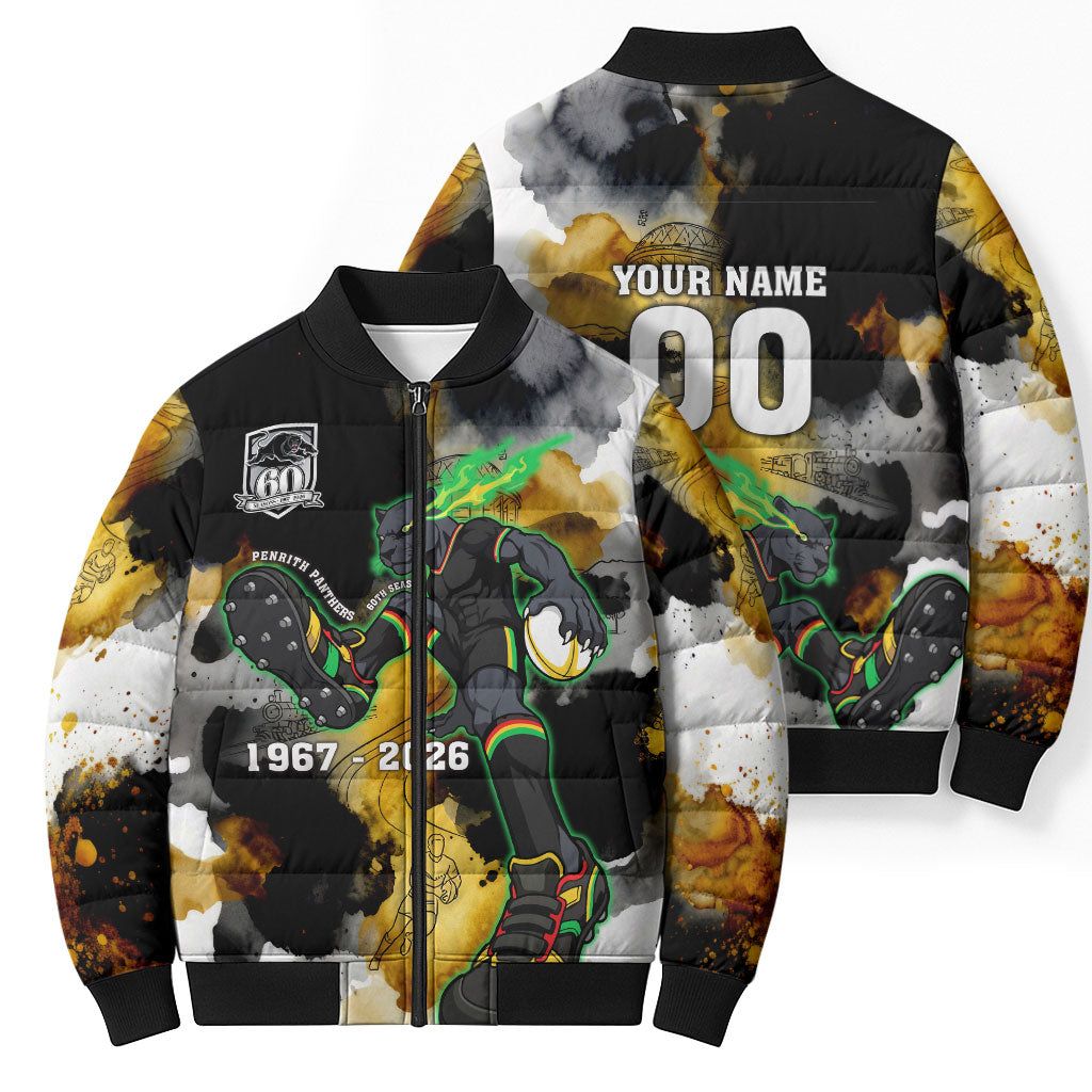 Personalised Penrith Panthers 1967-2026 Bomber Puffer Jacket Panther Mascot 60th Anniversary - Watercolor Splash Art