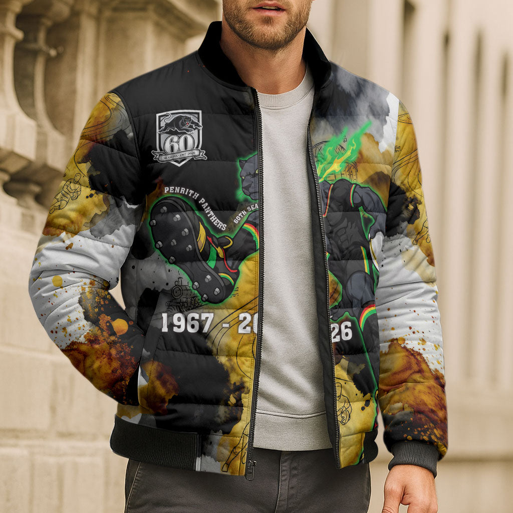 Personalised Penrith Panthers 1967-2026 Bomber Puffer Jacket Panther Mascot 60th Anniversary - Watercolor Splash Art