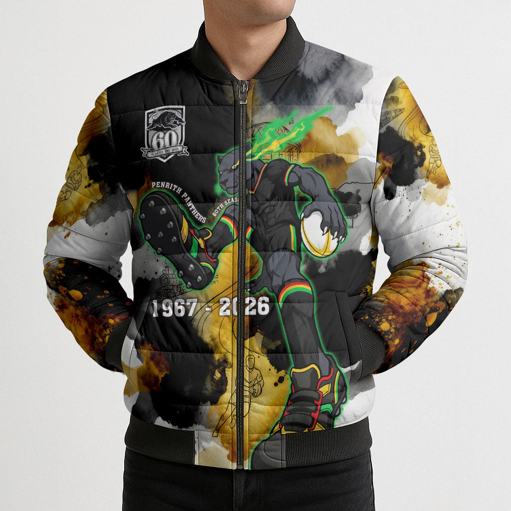 Personalised Penrith Panthers 1967-2026 Bomber Puffer Jacket Panther Mascot 60th Anniversary - Watercolor Splash Art