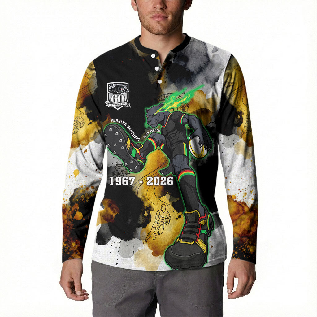 Personalised Penrith Panthers 1967-2026 Button Sweatshirt Panther Mascot 60th Anniversary - Watercolor Splash Art