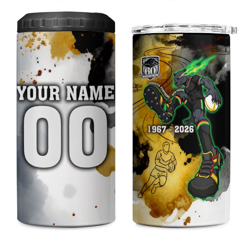 Personalised Penrith Panthers 1967-2026 4 in 1 Can Cooler Tumbler Panther Mascot 60th Anniversary - Watercolor Splash Art