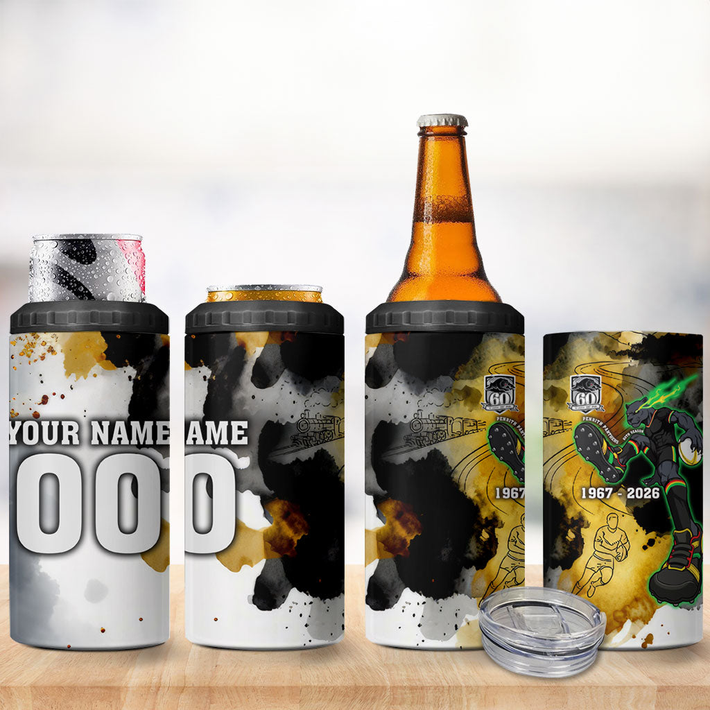 Personalised Penrith Panthers 1967-2026 4 in 1 Can Cooler Tumbler Panther Mascot 60th Anniversary - Watercolor Splash Art