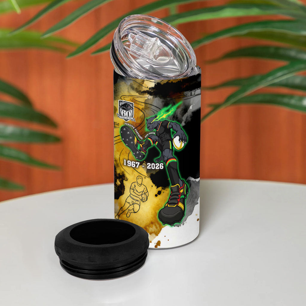 Personalised Penrith Panthers 1967-2026 4 in 1 Can Cooler Tumbler Panther Mascot 60th Anniversary - Watercolor Splash Art