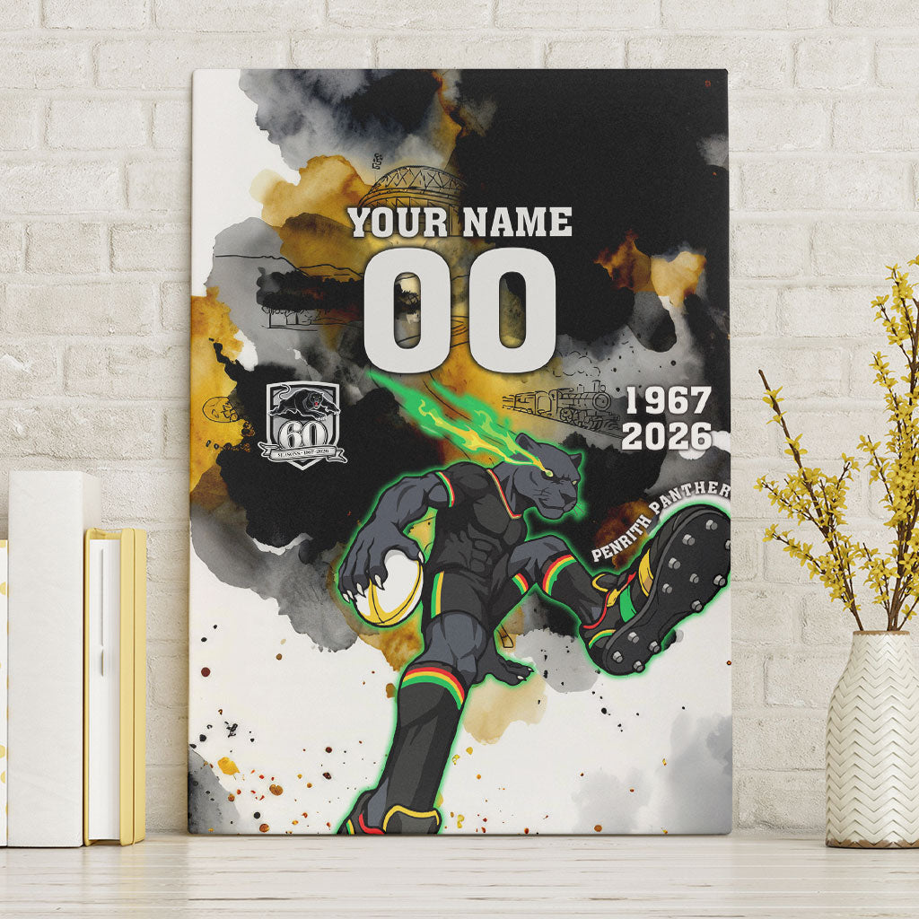 Personalised Penrith Panthers 1967-2026 Canvas Wall Art Panther Mascot 60th Anniversary - Watercolor Splash Art