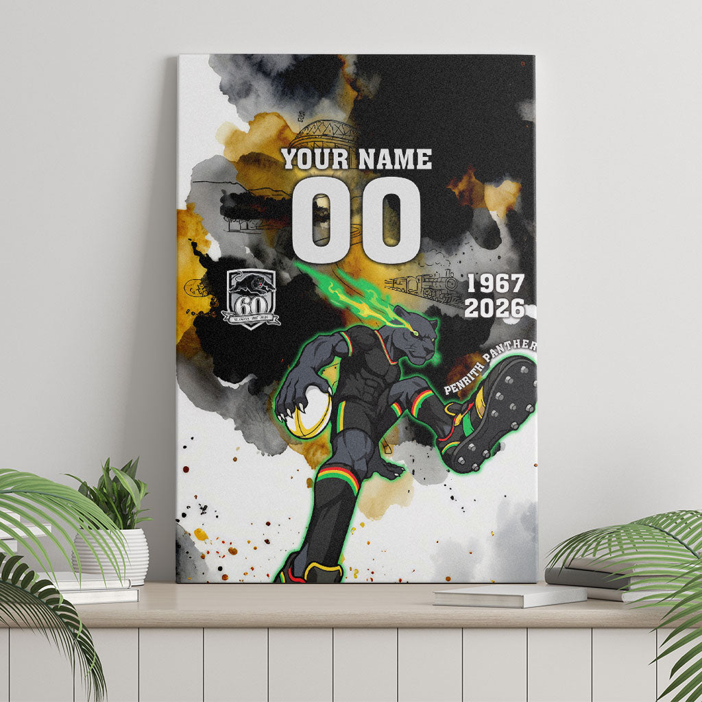 Personalised Penrith Panthers 1967-2026 Canvas Wall Art Panther Mascot 60th Anniversary - Watercolor Splash Art