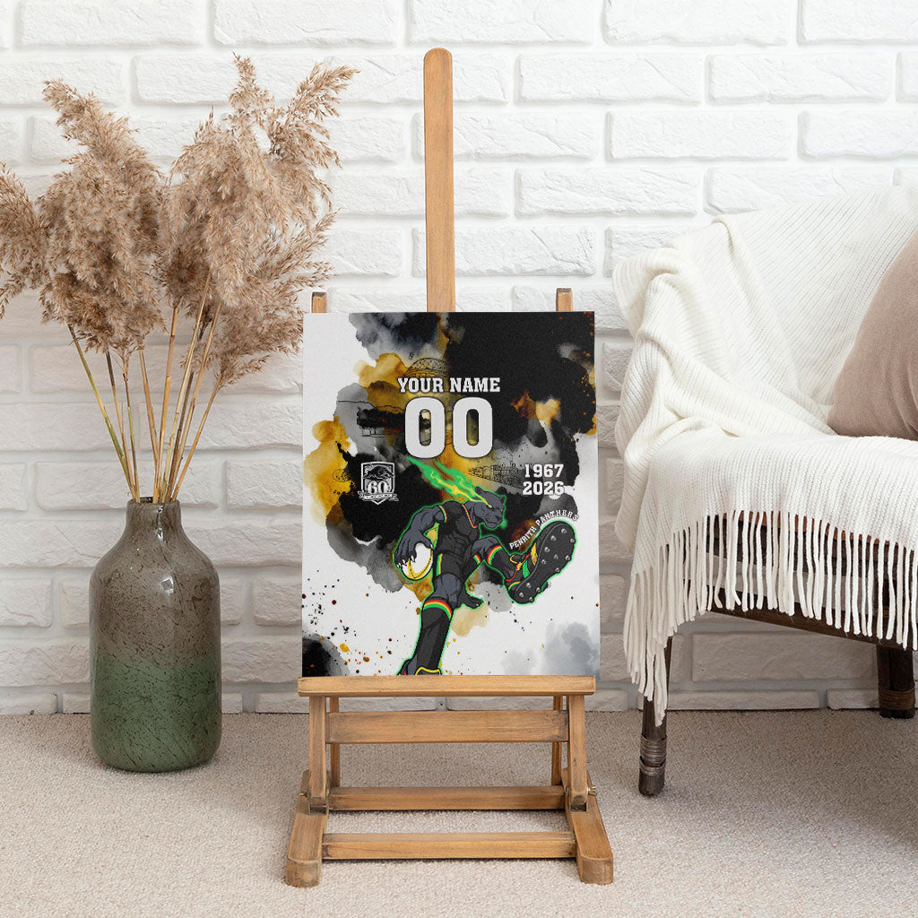Personalised Penrith Panthers 1967-2026 Canvas Wall Art Panther Mascot 60th Anniversary - Watercolor Splash Art