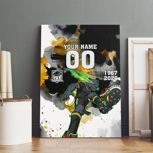 Personalised Penrith Panthers 1967-2026 Canvas Wall Art Panther Mascot 60th Anniversary - Watercolor Splash Art