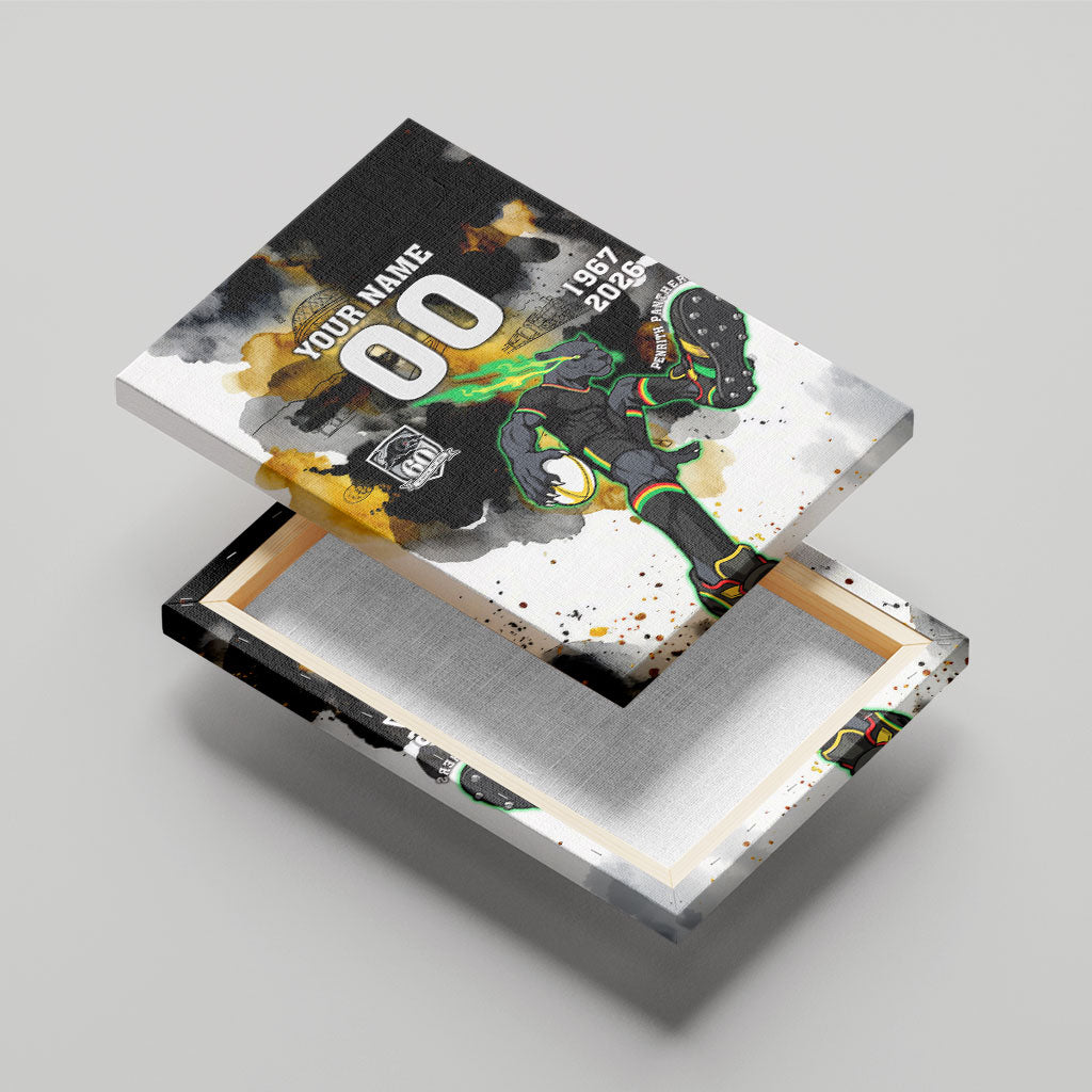 Personalised Penrith Panthers 1967-2026 Canvas Wall Art Panther Mascot 60th Anniversary - Watercolor Splash Art