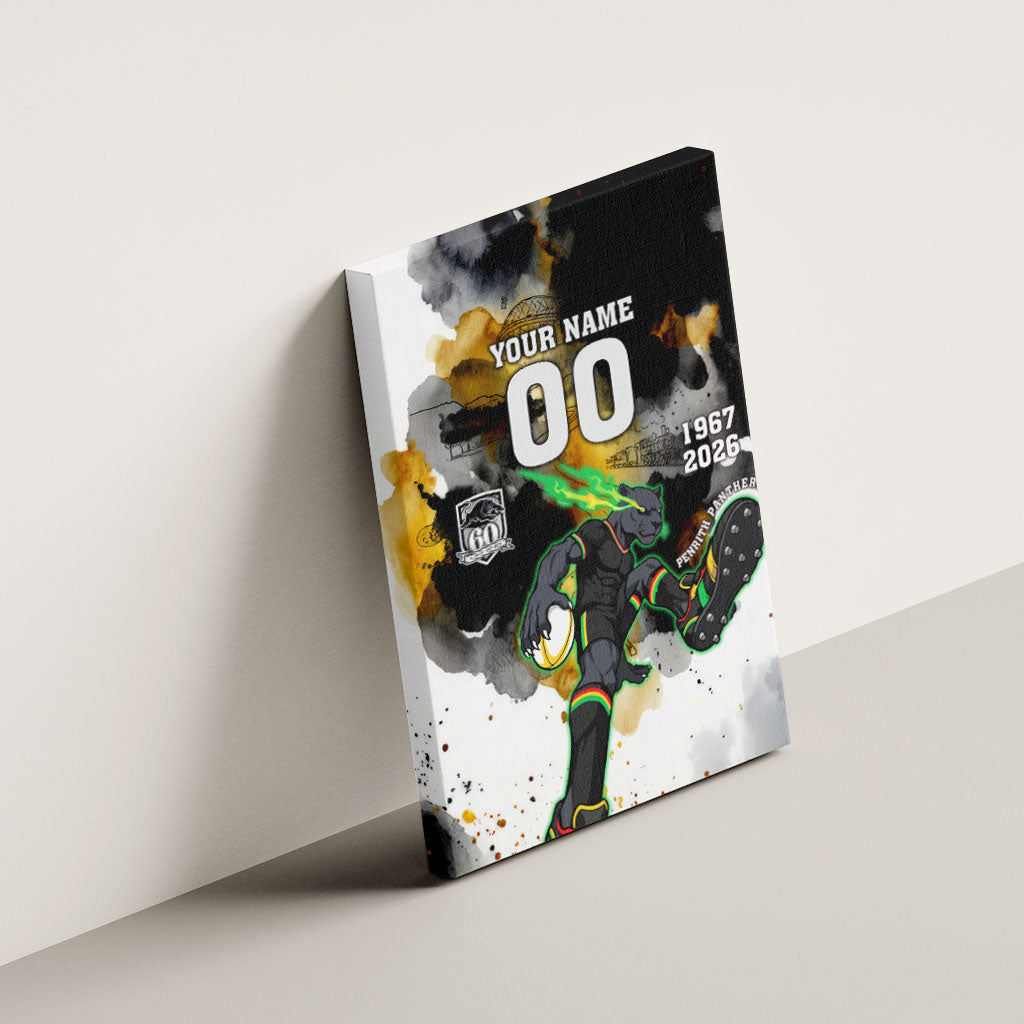 Personalised Penrith Panthers 1967-2026 Canvas Wall Art Panther Mascot 60th Anniversary - Watercolor Splash Art