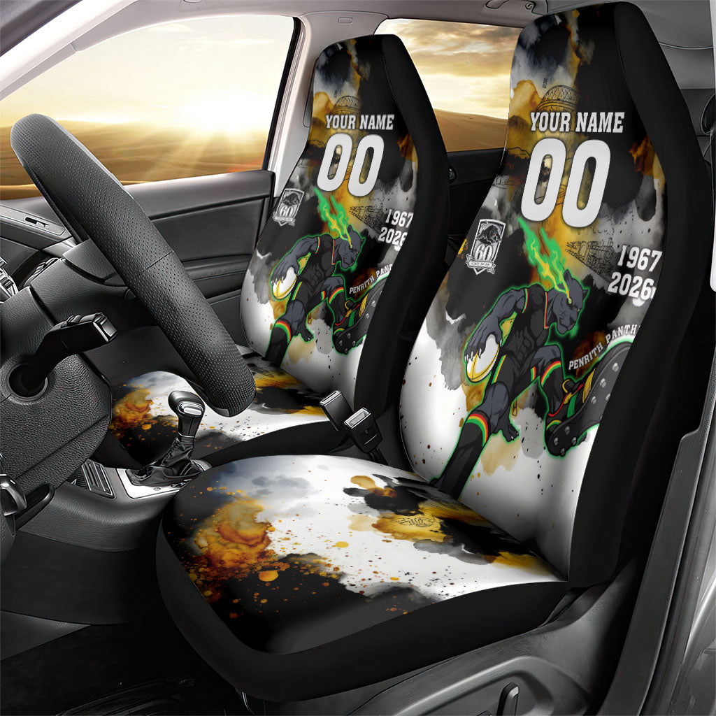 Personalised Penrith Panthers 1967-2026 Car Seat Cover Panther Mascot 60th Anniversary - Watercolor Splash Art