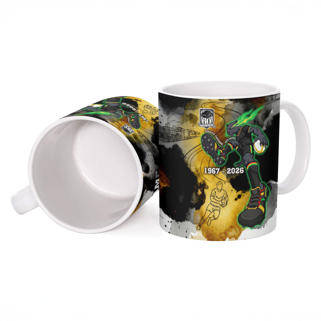 Personalised Penrith Panthers 1967-2026 Ceramic Mug Panther Mascot 60th Anniversary - Watercolor Splash Art