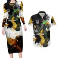 Personalised Penrith Panthers 1967-2026 Couples Matching Long Sleeve Bodycon Dress and Hawaiian Shirt Panther Mascot 60th Anniversary - Watercolor Splash Art