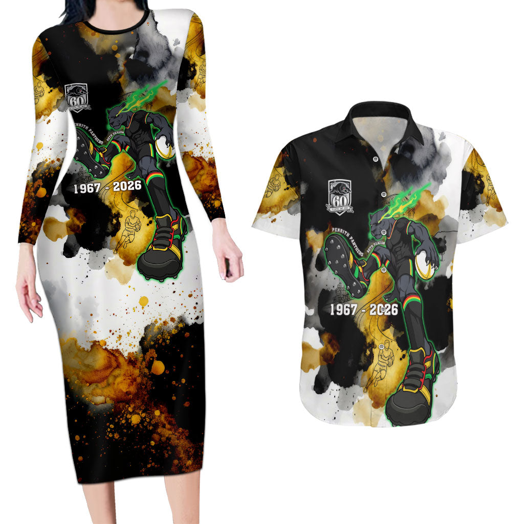 Personalised Penrith Panthers 1967-2026 Couples Matching Long Sleeve Bodycon Dress and Hawaiian Shirt Panther Mascot 60th Anniversary - Watercolor Splash Art