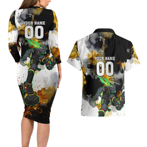 Personalised Penrith Panthers 1967-2026 Couples Matching Long Sleeve Bodycon Dress and Hawaiian Shirt Panther Mascot 60th Anniversary - Watercolor Splash Art
