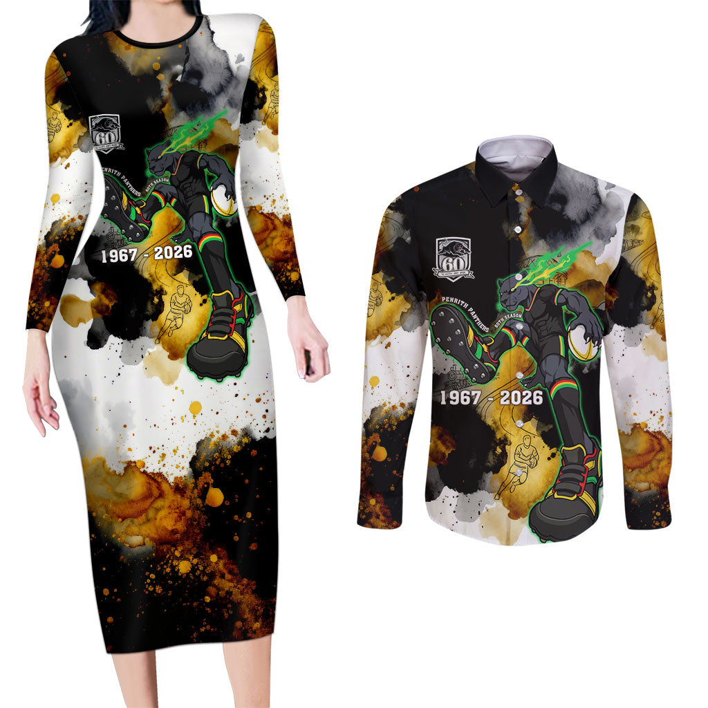 Personalised Penrith Panthers 1967-2026 Couples Matching Long Sleeve Bodycon Dress and Long Sleeve Button Shirt Panther Mascot 60th Anniversary - Watercolor Splash Art