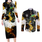 Personalised Penrith Panthers 1967-2026 Couples Matching Long Sleeve Bodycon Dress and Long Sleeve Button Shirt Panther Mascot 60th Anniversary - Watercolor Splash Art