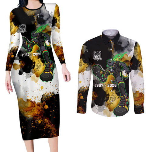 Personalised Penrith Panthers 1967-2026 Couples Matching Long Sleeve Bodycon Dress and Long Sleeve Button Shirt Panther Mascot 60th Anniversary - Watercolor Splash Art