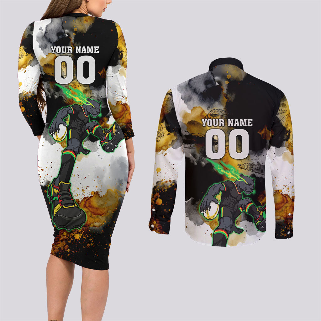 Personalised Penrith Panthers 1967-2026 Couples Matching Long Sleeve Bodycon Dress and Long Sleeve Button Shirt Panther Mascot 60th Anniversary - Watercolor Splash Art