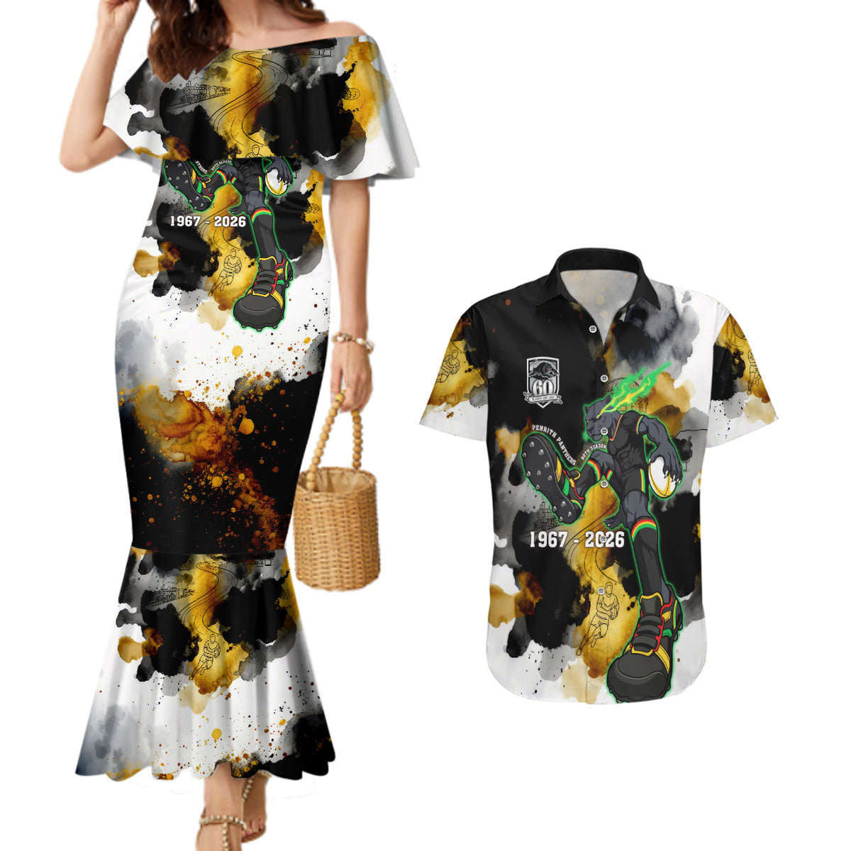 Personalised Penrith Panthers 1967-2026 Couples Matching Mermaid Dress and Hawaiian Shirt Panther Mascot 60th Anniversary - Watercolor Splash Art