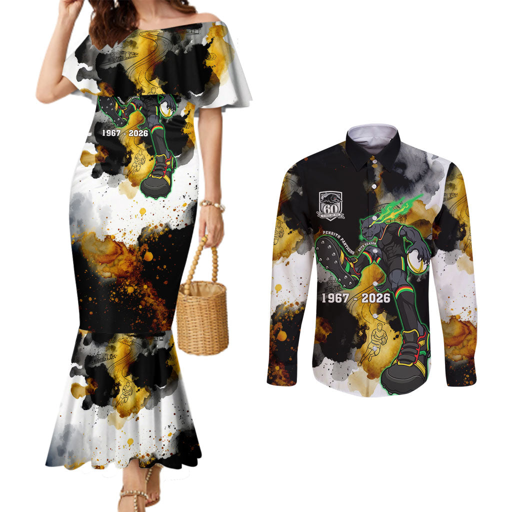 Personalised Penrith Panthers 1967-2026 Couples Matching Mermaid Dress and Long Sleeve Button Shirt Panther Mascot 60th Anniversary - Watercolor Splash Art