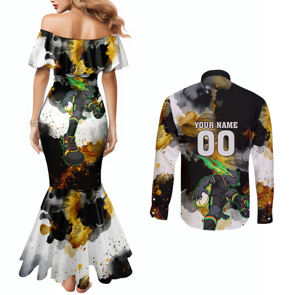 Personalised Penrith Panthers 1967-2026 Couples Matching Mermaid Dress and Long Sleeve Button Shirt Panther Mascot 60th Anniversary - Watercolor Splash Art