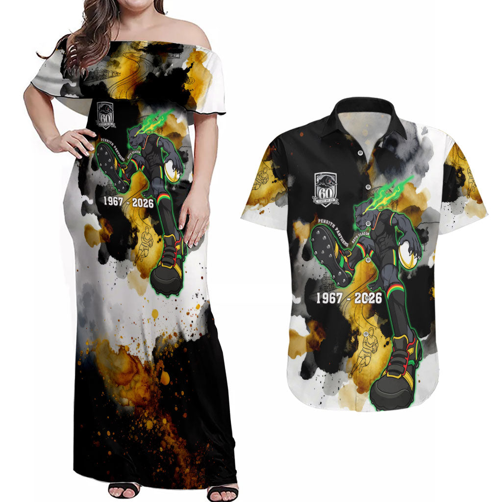 Personalised Penrith Panthers 1967-2026 Couples Matching Off Shoulder Maxi Dress and Hawaiian Shirt Panther Mascot 60th Anniversary - Watercolor Splash Art