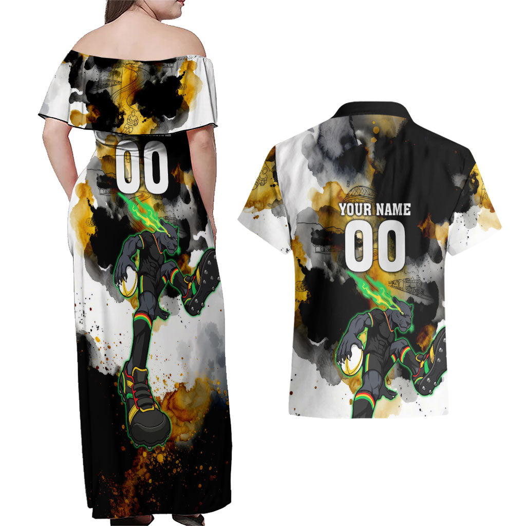 Personalised Penrith Panthers 1967-2026 Couples Matching Off Shoulder Maxi Dress and Hawaiian Shirt Panther Mascot 60th Anniversary - Watercolor Splash Art