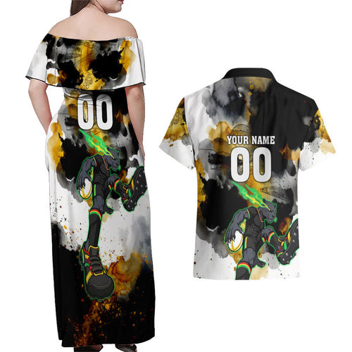Personalised Penrith Panthers 1967-2026 Couples Matching Off Shoulder Maxi Dress and Hawaiian Shirt Panther Mascot 60th Anniversary - Watercolor Splash Art