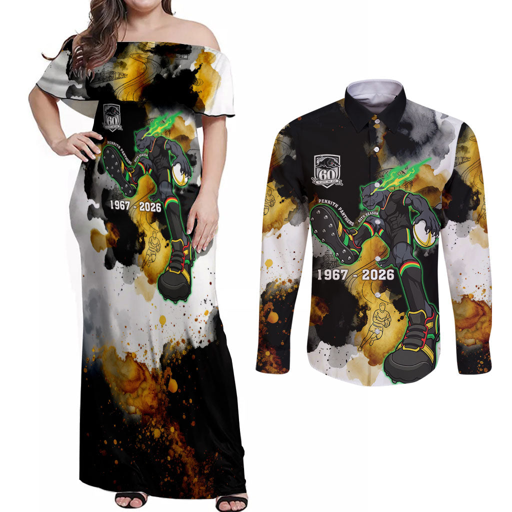 Personalised Penrith Panthers 1967-2026 Couples Matching Off Shoulder Maxi Dress and Long Sleeve Button Shirt Panther Mascot 60th Anniversary - Watercolor Splash Art
