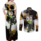 Personalised Penrith Panthers 1967-2026 Couples Matching Off Shoulder Maxi Dress and Long Sleeve Button Shirt Panther Mascot 60th Anniversary - Watercolor Splash Art