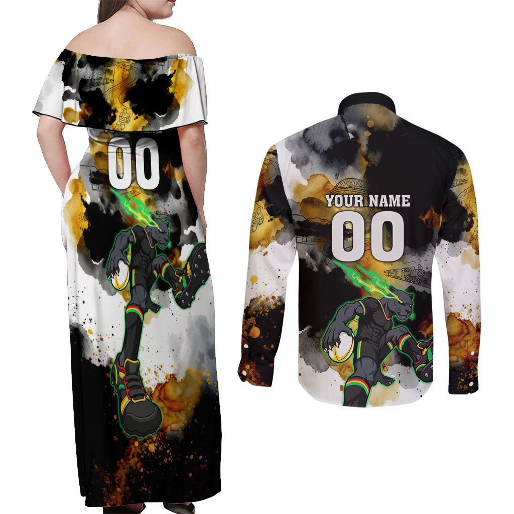 Personalised Penrith Panthers 1967-2026 Couples Matching Off Shoulder Maxi Dress and Long Sleeve Button Shirt Panther Mascot 60th Anniversary - Watercolor Splash Art