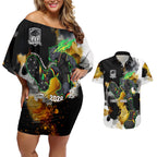 Personalised Penrith Panthers 1967-2026 Couples Matching Off Shoulder Short Dress and Hawaiian Shirt Panther Mascot 60th Anniversary - Watercolor Splash Art