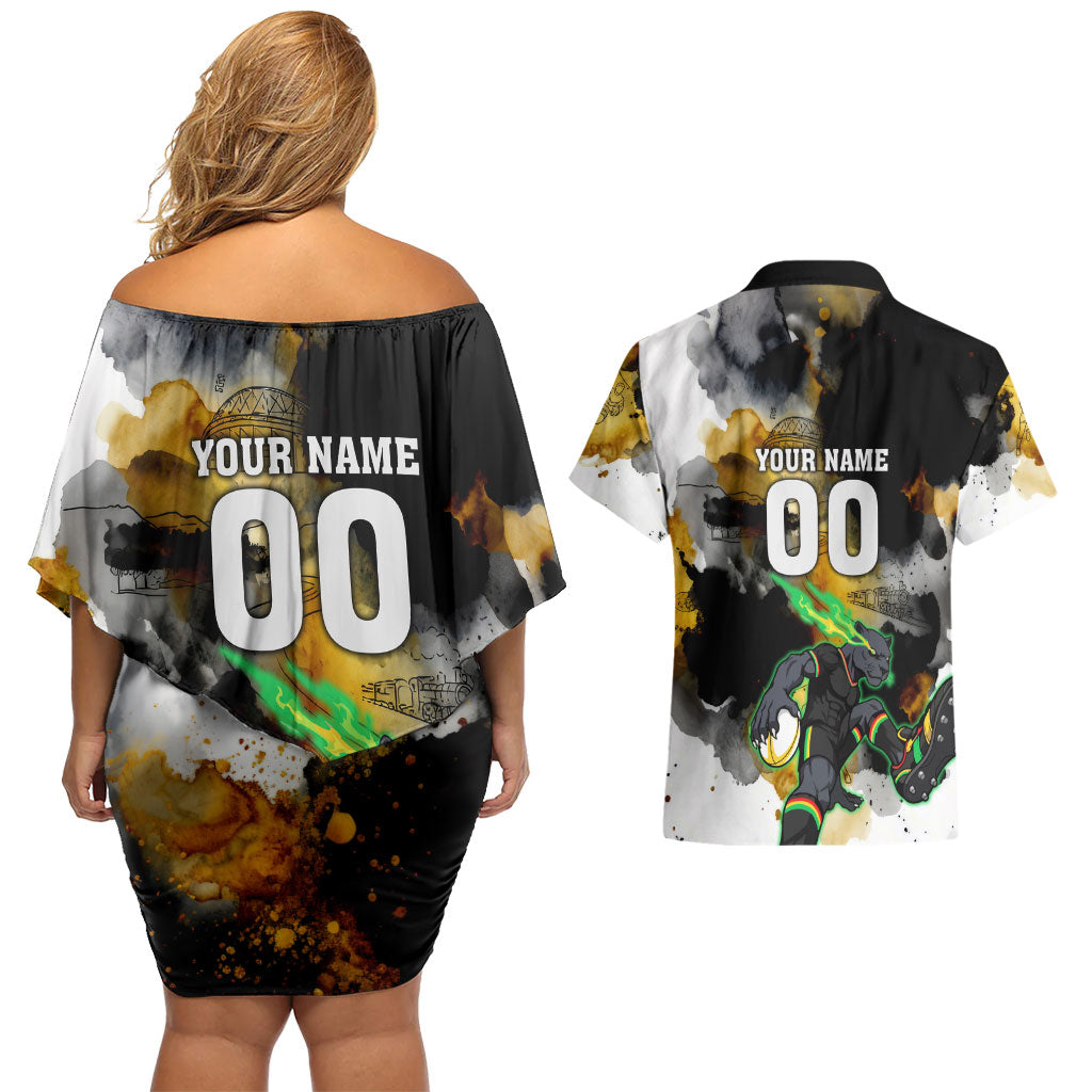 Personalised Penrith Panthers 1967-2026 Couples Matching Off Shoulder Short Dress and Hawaiian Shirt Panther Mascot 60th Anniversary - Watercolor Splash Art