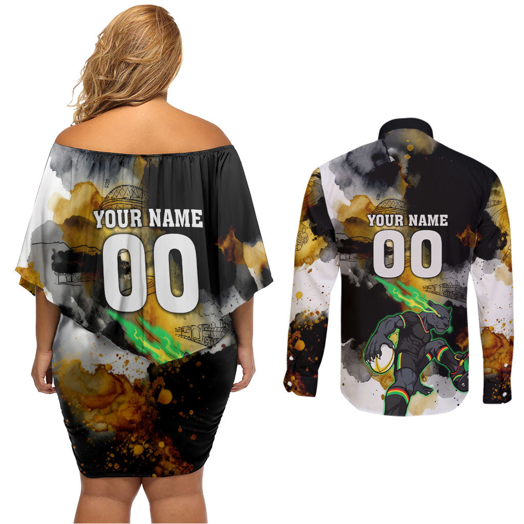 Personalised Penrith Panthers 1967-2026 Couples Matching Off Shoulder Short Dress and Long Sleeve Button Shirt Panther Mascot 60th Anniversary - Watercolor Splash Art