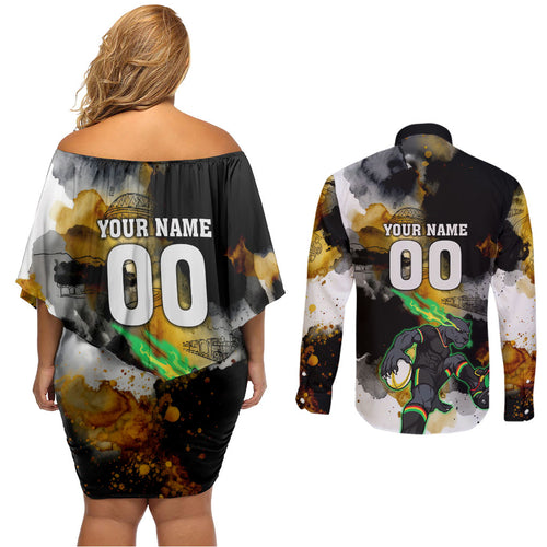 Personalised Penrith Panthers 1967-2026 Couples Matching Off Shoulder Short Dress and Long Sleeve Button Shirt Panther Mascot 60th Anniversary - Watercolor Splash Art