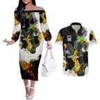 Personalised Penrith Panthers 1967-2026 Couples Matching Off The Shoulder Long Sleeve Dress and Hawaiian Shirt Panther Mascot 60th Anniversary - Watercolor Splash Art