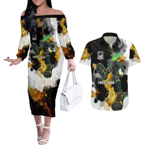 Personalised Penrith Panthers 1967-2026 Couples Matching Off The Shoulder Long Sleeve Dress and Hawaiian Shirt Panther Mascot 60th Anniversary - Watercolor Splash Art