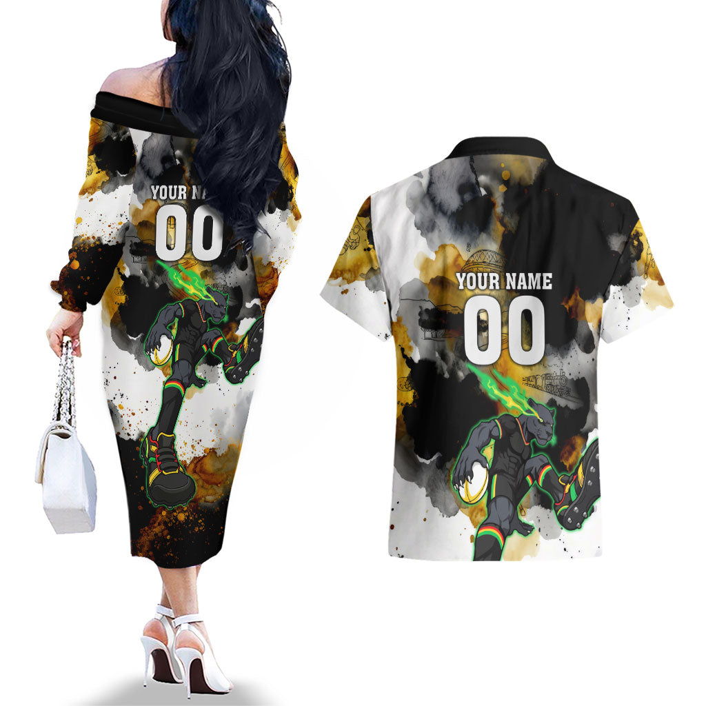 Personalised Penrith Panthers 1967-2026 Couples Matching Off The Shoulder Long Sleeve Dress and Hawaiian Shirt Panther Mascot 60th Anniversary - Watercolor Splash Art