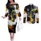 Personalised Penrith Panthers 1967-2026 Couples Matching Off The Shoulder Long Sleeve Dress and Long Sleeve Button Shirt Panther Mascot 60th Anniversary - Watercolor Splash Art
