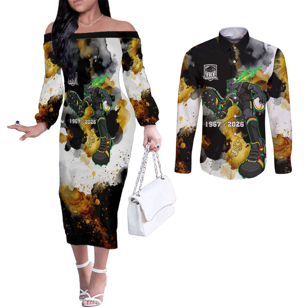 Personalised Penrith Panthers 1967-2026 Couples Matching Off The Shoulder Long Sleeve Dress and Long Sleeve Button Shirt Panther Mascot 60th Anniversary - Watercolor Splash Art