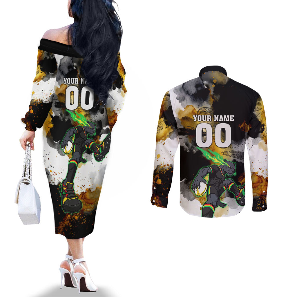 Personalised Penrith Panthers 1967-2026 Couples Matching Off The Shoulder Long Sleeve Dress and Long Sleeve Button Shirt Panther Mascot 60th Anniversary - Watercolor Splash Art