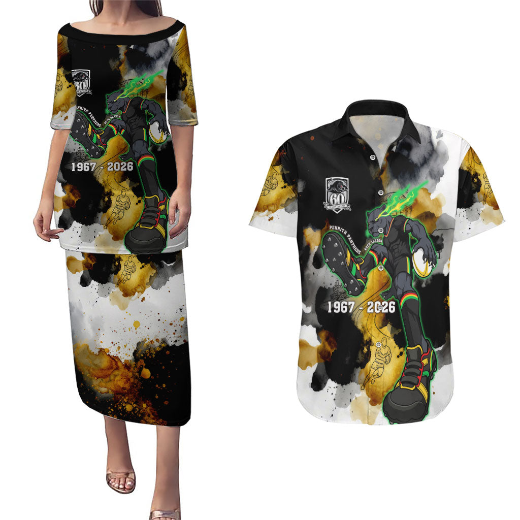 Personalised Penrith Panthers 1967-2026 Couples Matching Puletasi and Hawaiian Shirt Panther Mascot 60th Anniversary - Watercolor Splash Art