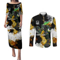 Personalised Penrith Panthers 1967-2026 Couples Matching Puletasi and Long Sleeve Button Shirt Panther Mascot 60th Anniversary - Watercolor Splash Art