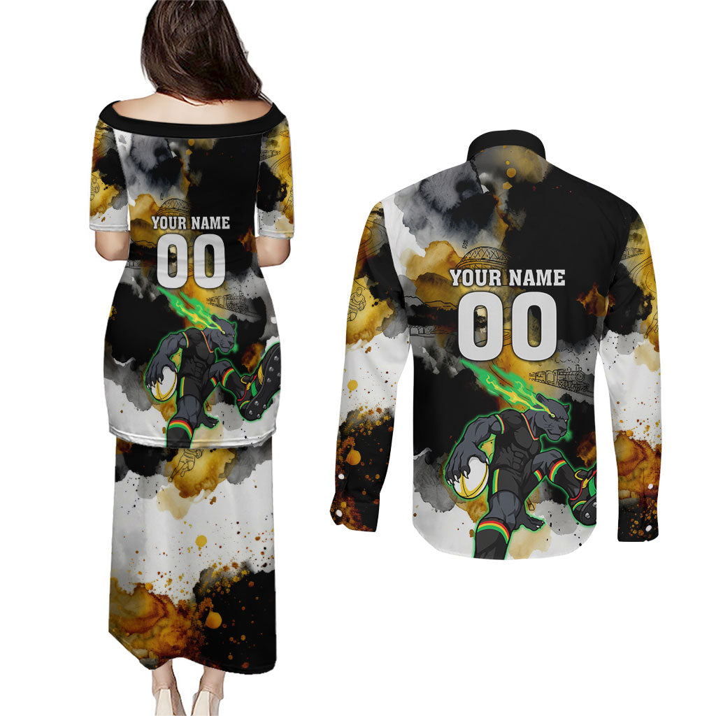 Personalised Penrith Panthers 1967-2026 Couples Matching Puletasi and Long Sleeve Button Shirt Panther Mascot 60th Anniversary - Watercolor Splash Art
