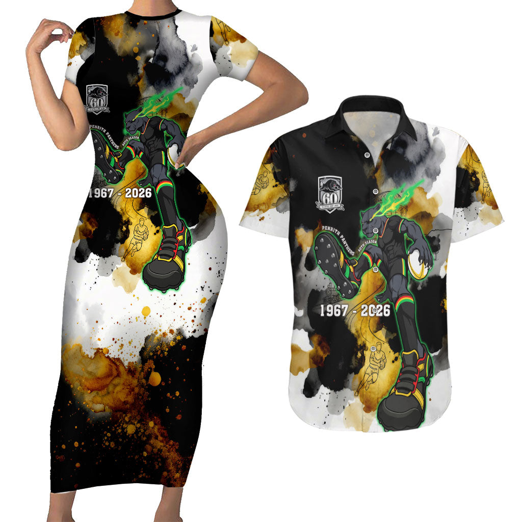 Personalised Penrith Panthers 1967-2026 Couples Matching Short Sleeve Bodycon Dress and Hawaiian Shirt Panther Mascot 60th Anniversary - Watercolor Splash Art