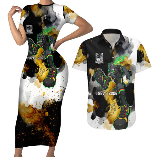 Personalised Penrith Panthers 1967-2026 Couples Matching Short Sleeve Bodycon Dress and Hawaiian Shirt Panther Mascot 60th Anniversary - Watercolor Splash Art